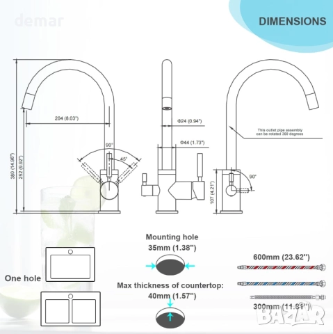 Techzm Трипътен кухненски смесител 3 в 1 с изход за филтрирана вода, снимка 4 - Смесители - 51932906