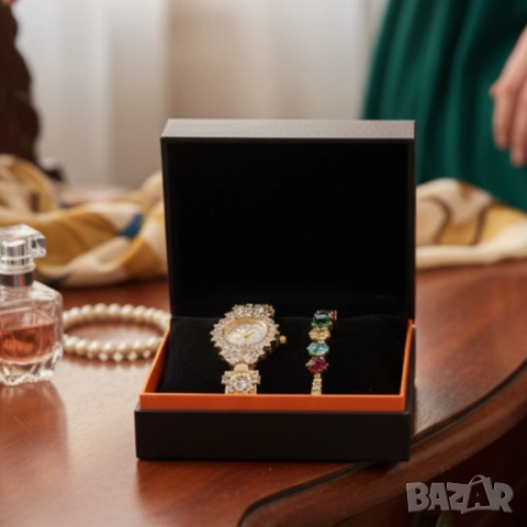 Луксозен дамски комплект – часовник с кристали + гривна с многоцветни камъни, снимка 5 - Бижутерийни комплекти - 51967248