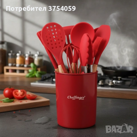 Комплект 12 части кухненски прибори със стойка Cheffinger – силиконови накрайници, дървени дръжки, снимка 3 - Прибори за хранене, готвене и сервиране - 53174040