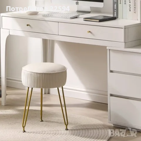 Кадифена кръгъла табуретка за козметика – Кремаво-Бял L/G - 30 см., снимка 5 - Дивани и мека мебел - 55770741