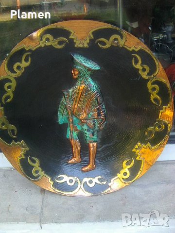 Медна перуанска медна чиния за стена с индиански воин сувенир