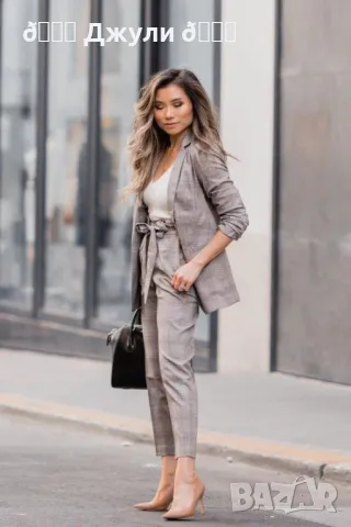 Дамски сет от панталон и блейзър в сиво каре 🤍🩶, снимка 3 - Комплекти - 49344451