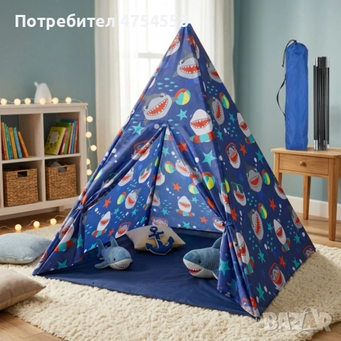 Детска типи палатка XXL с акули – сгъваема къщичка за игра за дома и градината, снимка 4 - Други - 54336912