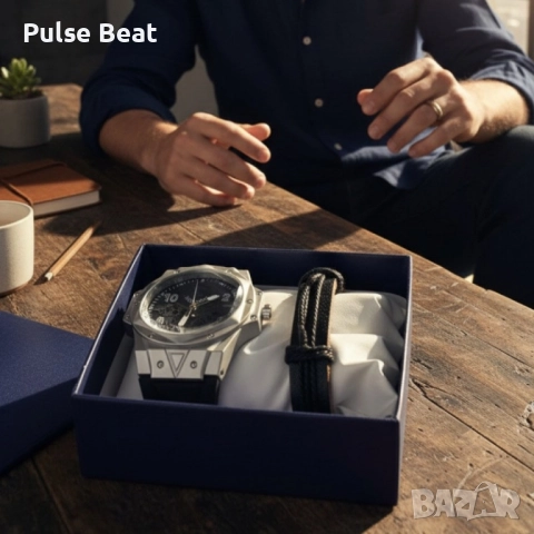 Мъжки подаръчен комплект – стилен часовник и черна гривна, снимка 4 - Мъжки - 51932979