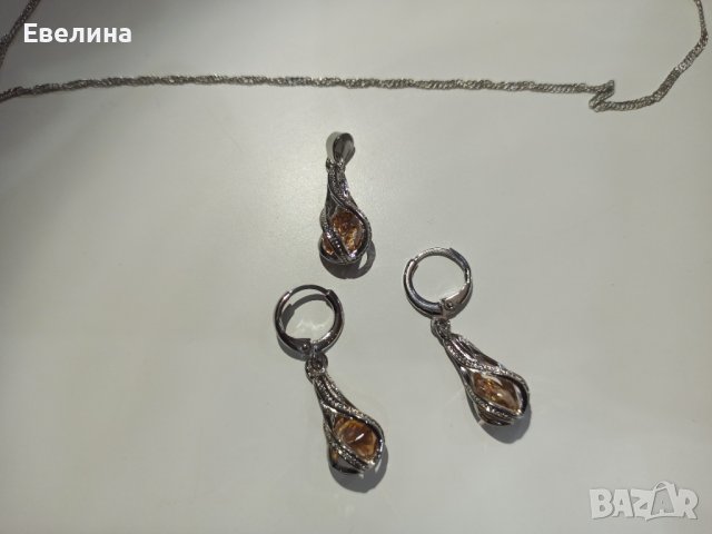 Дамски комплект синджирче, висулка и обеци с камък, щампа 925 сребро, снимка 5 - Бижутерийни комплекти - 36939238