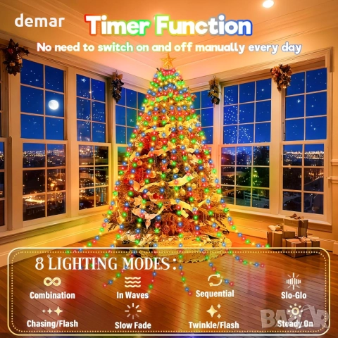 Коледни лампички за елха, 400 LED, 8 режима, 2 метра x 16 реда, многоцветни, снимка 3 - Декорация за дома - 52118611