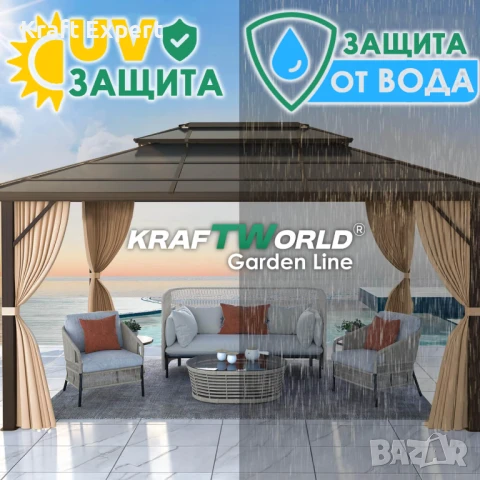 Луксозна Шатра KraftWorld Tenerife – 3×4 м с Твърд Покрив,Мрежа и Завеси, снимка 17 - Градински мебели, декорация  - 51206305
