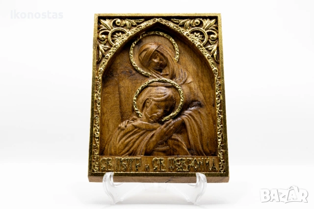 Позлатена релефна икона на Свети Петър и Света Феврония от дъб, снимка 4 - Икони - 53224188