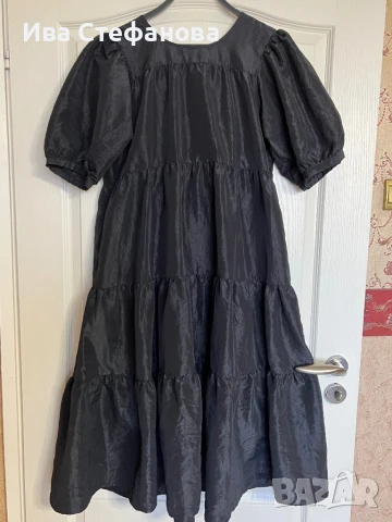 Нова разкошна свободна кройка елегантна дълга миди дължина черна рокля волани буфан ръкав 
