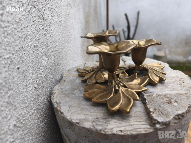 Троен месингов свещник , снимка 5 - Антикварни и старинни предмети - 54103638