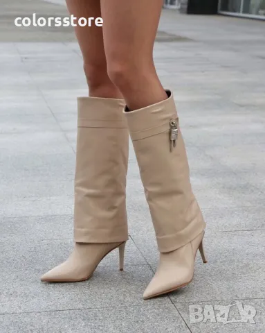 Ботуши на ток - бежова кожа - KD120, снимка 2 - Дамски ботуши - 48725144