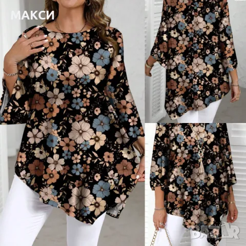 Макси модерна А-симетрична дълга ефирна туника с клоширани 3/4 ръкави в черно с красиви ситни пастел, снимка 1