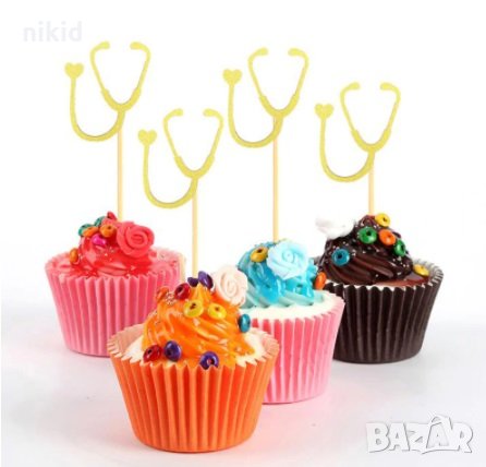 12 бр Лекарски Слушалки медицина златисти меки брокатени топери клечки декор украса мъфини