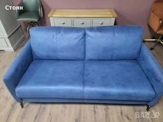 Дизайнерски син диван от плат тройка с функция сън, снимка 6 - Дивани и мека мебел - 47709912