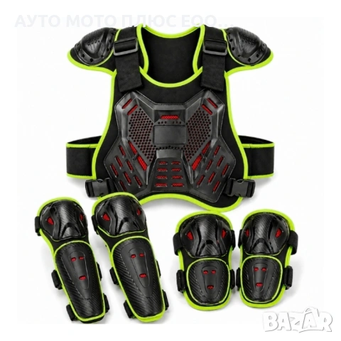 Детска ризница с наколенки мото/вело комплект - черно с зелен кант.