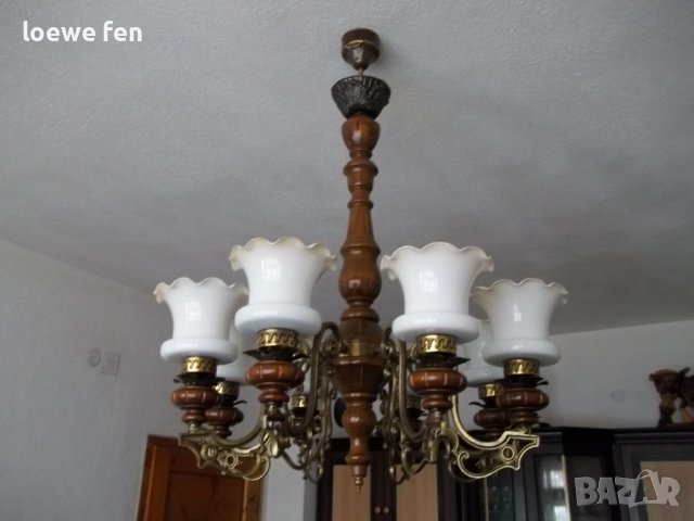 Полилей абажур CHANDELIER орех и бронз дърво метал ! Старинен античен антикварен !, снимка 4 - Полилеи - 39377537