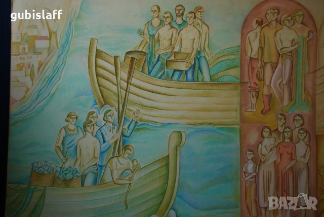 Стара картина,лодка,риби, хора, бълг. автор, 1970-те год., снимка 3 - Картини - 31367770