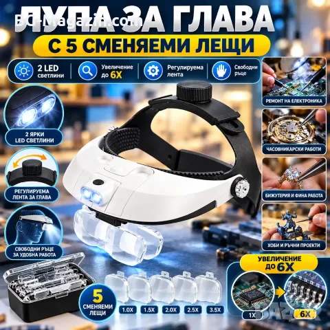 Лупа за глава с 5 сменяеми лещи и 2 LED – увеличение до 6X, снимка 9 - Други инструменти - 56326731