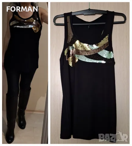 СТРАХОТЕН черен потник със сребристи и златисти пайети , снимка 1