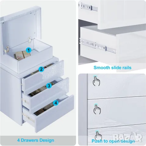 Нощно шкафче, 3 чекмеджета, лед LED светлини за спалня, всекидневна, снимка 4 - Шкафове - 49680648