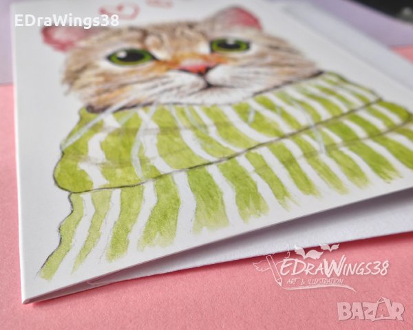 Картичка "Котка с шал", снимка 2 - Подаръци за жени - 29087002