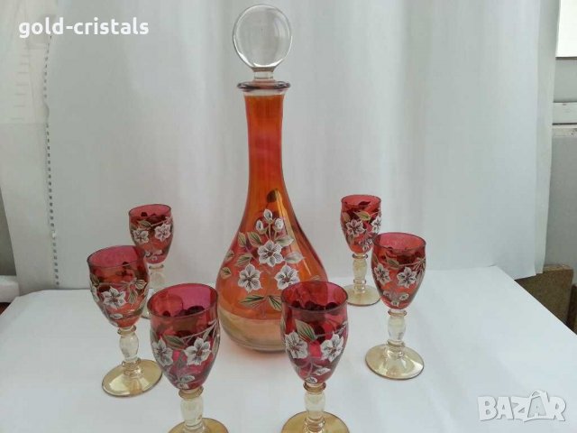 Кристални чаши и гарафа Бохемия рисувани цветно стъкло, снимка 1 - Антикварни и старинни предмети - 31273543