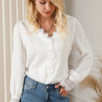 Дамска памучна блуза в бяло с дълъг ръкав, снимка 11 - Блузи с дълъг ръкав и пуловери - 42766961