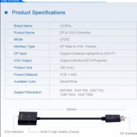 Преходник Display Port DP tо VGA, снимка 2 - Кабели и адаптери - 30422322