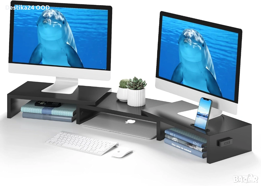 Стойка за 2 монитора BONTEC – регулируема, дървена, с място за съхранение, снимка 1