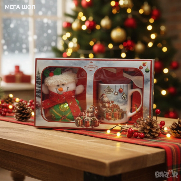 Празничен подаръчен комплект с чаша, лъжичка  и снежен човек – готов за подаряване, снимка 1