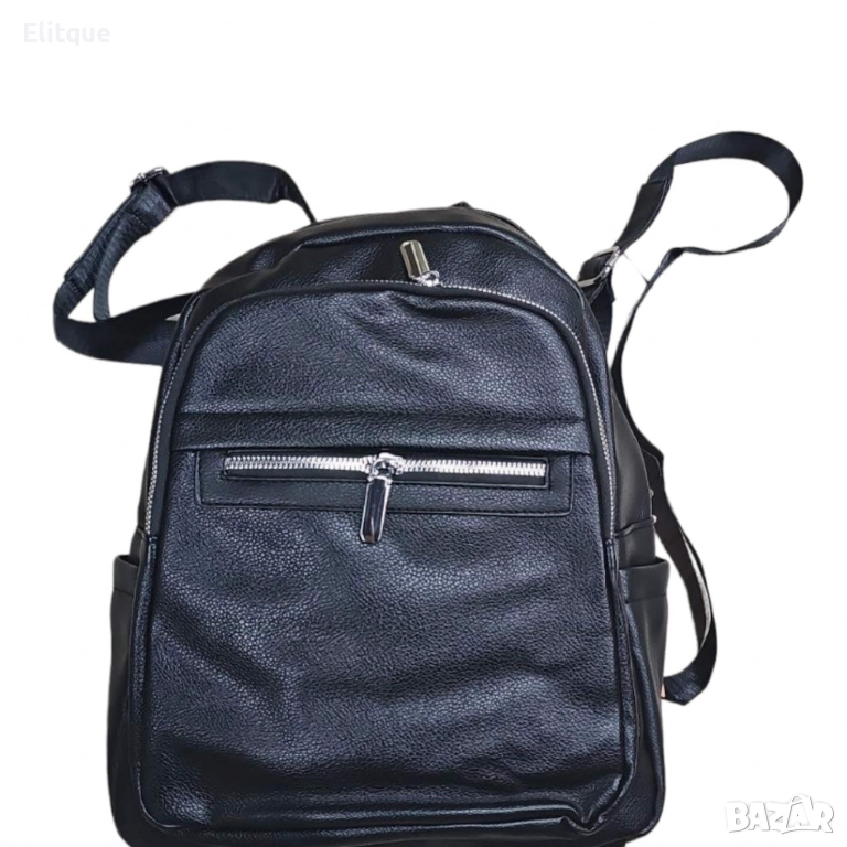 Дамска черна раница с един голям джоб и два по-малки  , снимка 1