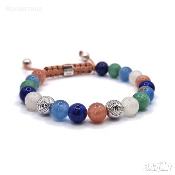 Мъжка/дамска сребърна гривна с натурални камъни лапис, калцит, лунен и слънчев камък и авантюрин, снимка 1