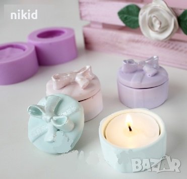 3D кутия кръгла с панделка 2 части силиконов молд форма калъп гипс декор бижу украса подарък, снимка 1