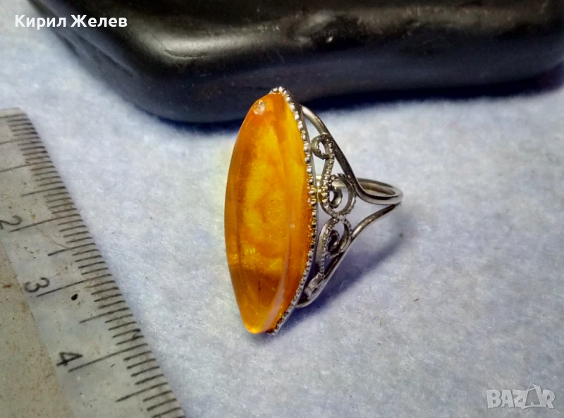 НИКЕЛИРАН РУСКИ КЕХЛИБАРЕН ПРЪСТЕН от БЛАГОРОДНА СТОМАНА ФИЛИГРАНЕН РЕТРО АРТ МОДЕЛ 50201, снимка 1