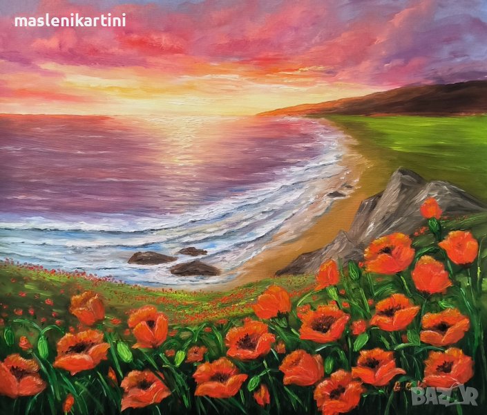 морски изгрев и макове маслена картина , снимка 1
