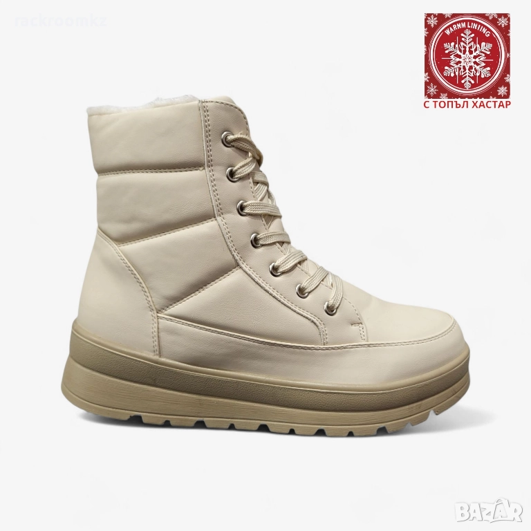 Дамски бежови боти с връзки и цип и топъл каракул модел: b1103-2 beige, снимка 1