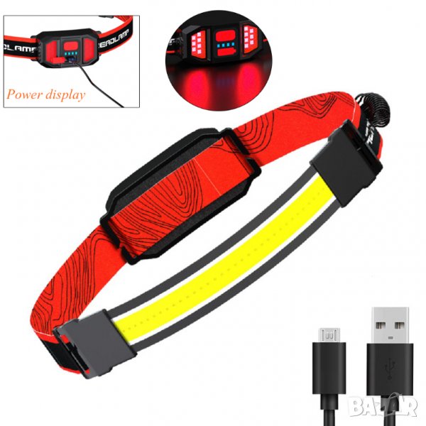 Акумулаторен LED челник COB лента с голяма яркост и три режима на работа, снимка 1