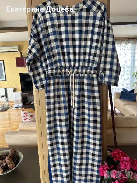 Рокля каре синьо, бяло и черно, снимка 1