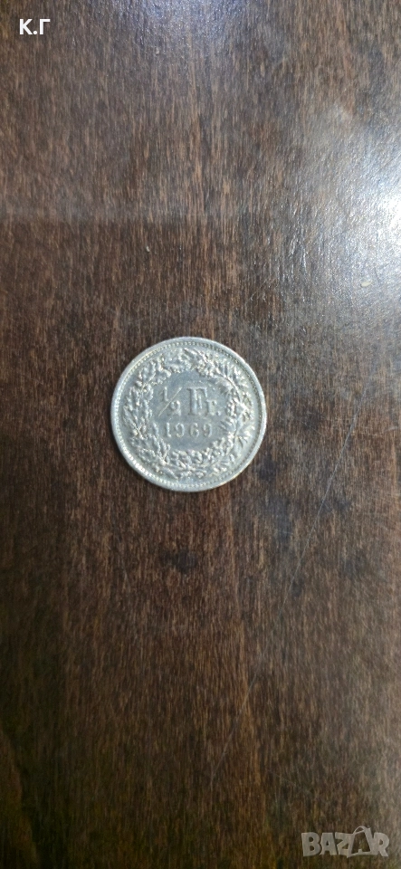 швейцарска монета от 1/2 франка от 1969 г. , снимка 1