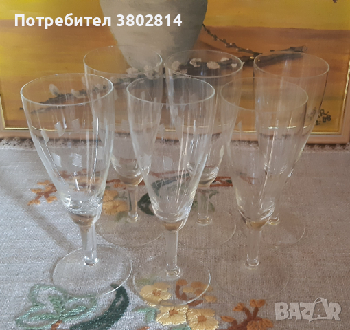 6 гравирани кристални чаши за вино/ шампанско, снимка 1 - Чаши - 44685400