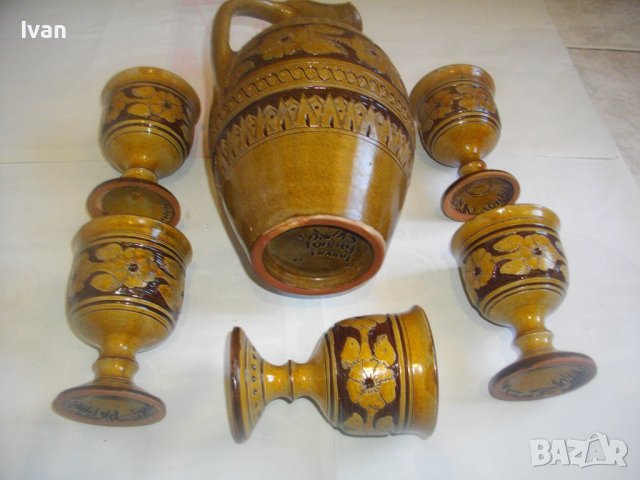 Нов Кипърски Глинен Сервиз За Вино-Ръчно Рисуван-Битов Интериор, снимка 7 - Сервизи - 39726655