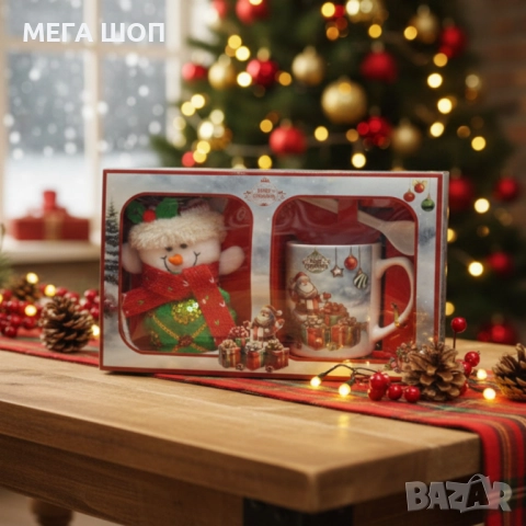 Празничен подаръчен комплект с чаша, лъжичка  и снежен човек – готов за подаряване