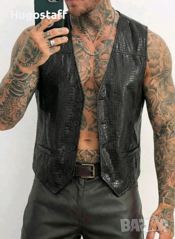 Нов Дизайнерски мъжки черн кожен елек крокодилска кожа Л/Хл размер