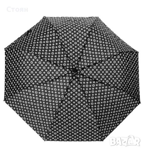 Автоматично сгъваем чадър за дъжд, черен с шарка на бели цветя 31 см