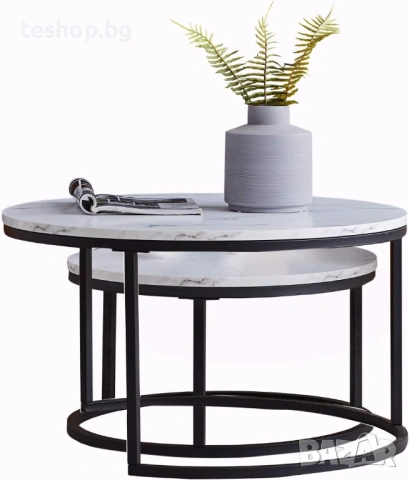 Комплект от 2 кръгли масички за кафе, с дървен плот и метална рамка, снимка 3 - Маси - 53027535