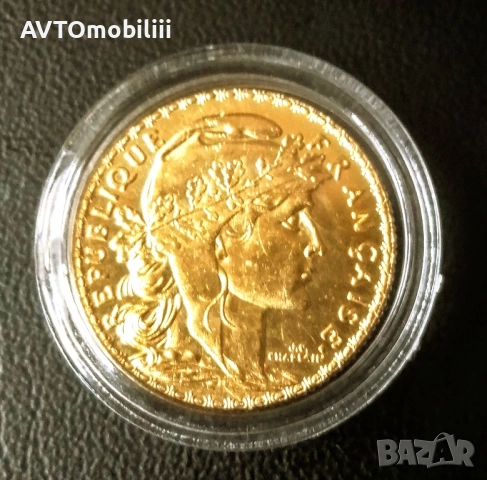 Позлатена монета 20 Франка 1899 г с петел, снимка 3 - Нумизматика и бонистика - 52304100