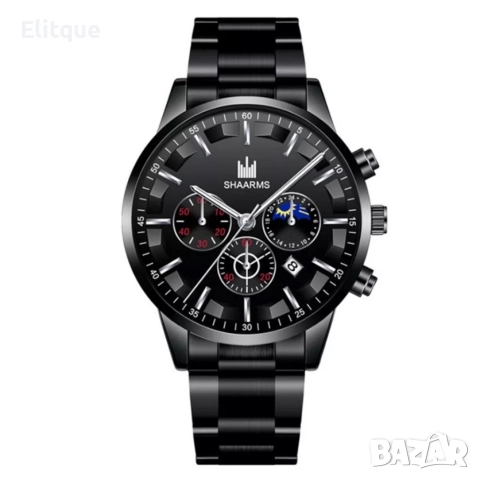 Мъжки елегантен водоустойчив часовник BASID / Цвят – черен със сребристи елементи, снимка 2 - Мъжки - 52895819