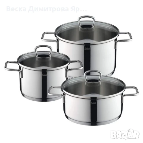 Комплект 3 тенджери Silit Alicante, Стъклени капаци, Сребърен