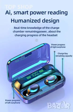 Bluetooth слушалки TWS F9, Powebank, 1500mAh, снимка 6 - Bluetooth слушалки - 48773308