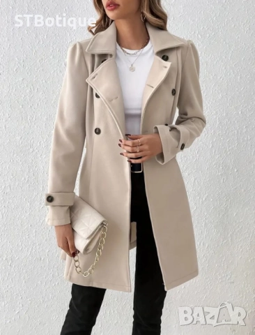 🌸 STBoutique – Елегантно дамско дълго палто с колан – Бежов 🌸, снимка 4 - Палта, манта - 52048157